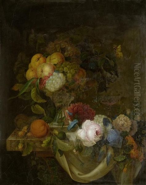 Fruchtestillleben Mit Blumendekor Oil Painting by Johann Georg Danner