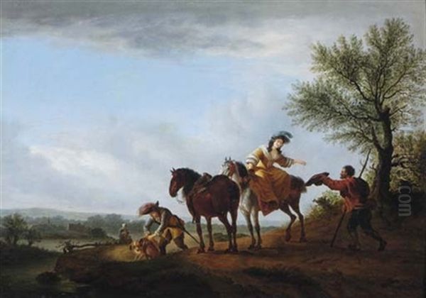 A Lady On Horseback Giving Alms To A Beggar Oil Painting by Johann Georg Danner