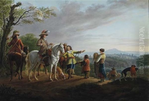 A Hawking Party Surveying A Landscape From An Outcrop Oil Painting by Johann Georg Danner