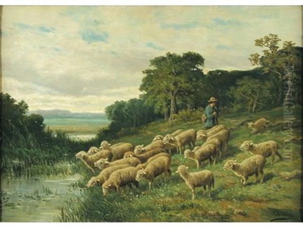 Gardien Et Ses Moutons Oil Painting by Leon Marie Constant Dansaert