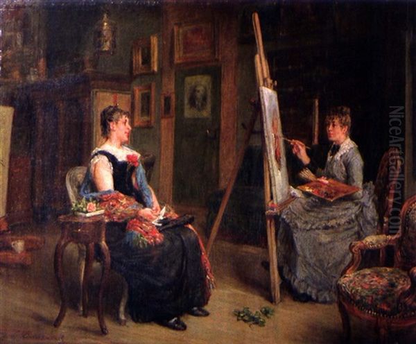 Jeune Artiste Et Son Modele Dans L'atelier Oil Painting by Leon Marie Constant Dansaert