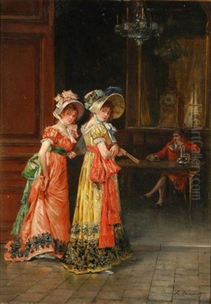 Zwei Junge Frauen, Facher In Handen Haltend Oil Painting by Leon Marie Constant Dansaert