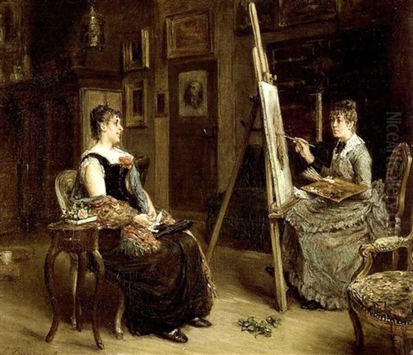 Jeune Artiste Et Son Modele Dans L'atelier Oil Painting by Leon Marie Constant Dansaert