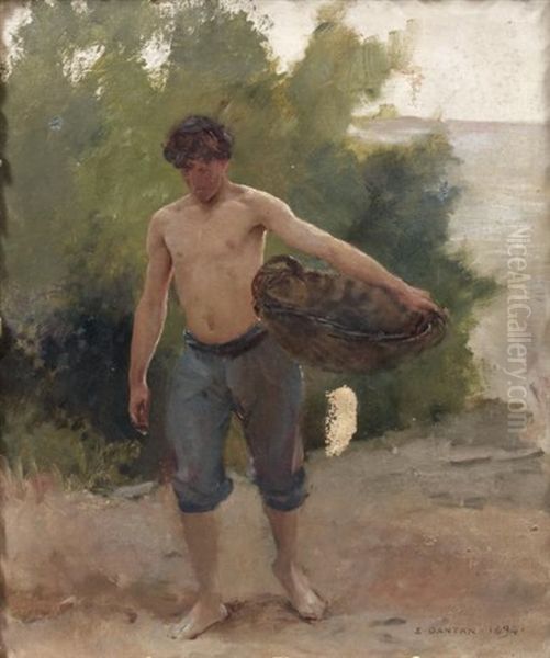 Homme Torse Nu Portant Un Panier Sur La Plage Oil Painting by Edouard Joseph Dantan