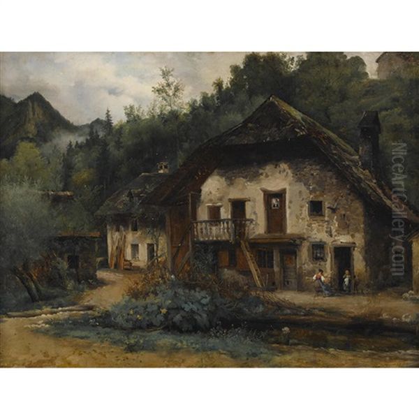 Altes Bauernhaus Mit Spinnerin Oil Painting by Victor Marie Felix Danvin