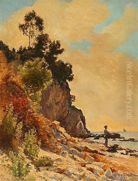 Coastal Scene With A Boy Fishing Oil Painting by Georges Paul Joseph Darasse