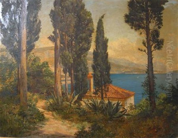 Cypress Trees Overlooking A Mediterranean Bay Oil Painting by Georges Paul Joseph Darasse