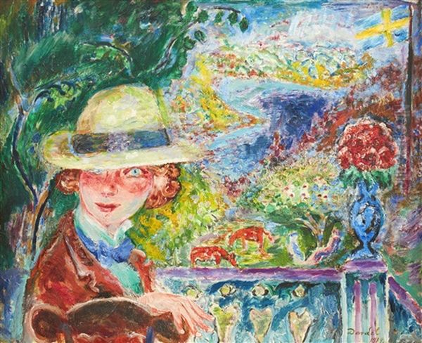 Forfattarinnan Ulla Bjerne Omgiven Av Blomster Pa Terass Med Svenska Flaggan I Bakgrunden Oil Painting by Nils Dardel