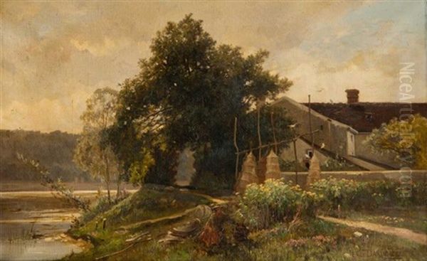 Jeune Femme Au Panier Au Bord De La Riviere Oil Painting by Louis Emile Dardoize