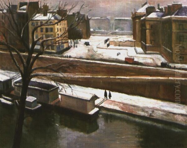 Quais Des Grands Augustins Sous La Neige Oil Painting by Georges Darel