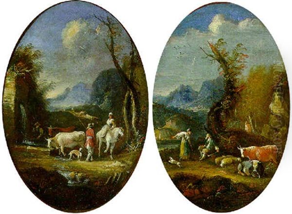 Peasants And Cattle In A Landscape Oil Painting by Jean Daret