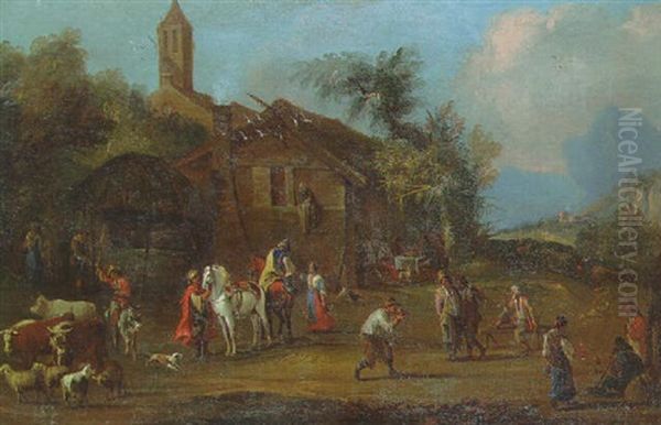 The Courtyard Of A Country Inn With Travellers And A Drover Oil Painting by Jean Daret