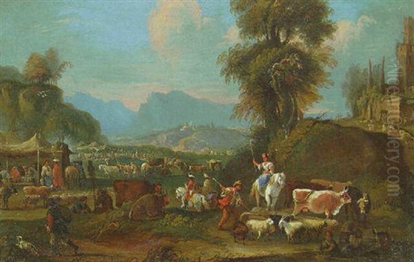 An Extensive Landscape With Peasants And Soldiers, A Market Beyond Oil Painting by Jean Daret