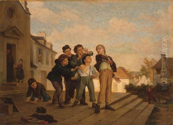 Boys Quarrelling On The Steps Of A Church Oil Painting by Andre Henri Dargelas