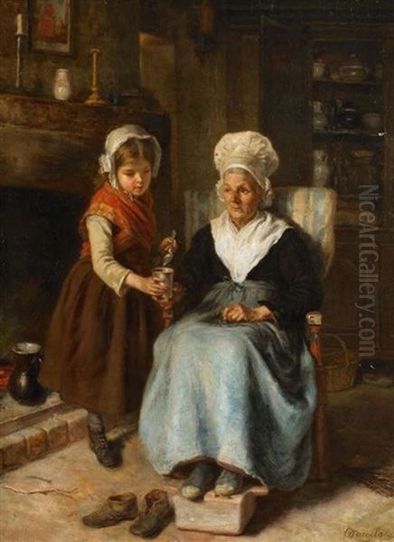 Interieur Mit Grosmutter Und Ihrer Enkelin Oil Painting by Andre Henri Dargelas