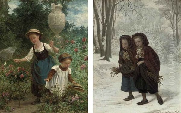 The Butterfly Collectors (+ Collecting Faggots In The Snow; Pair) Oil Painting by Andre Henri Dargelas