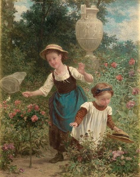 Little Faggot Gatherers (+ Catching Butterflies; Pair) Oil Painting by Andre Henri Dargelas