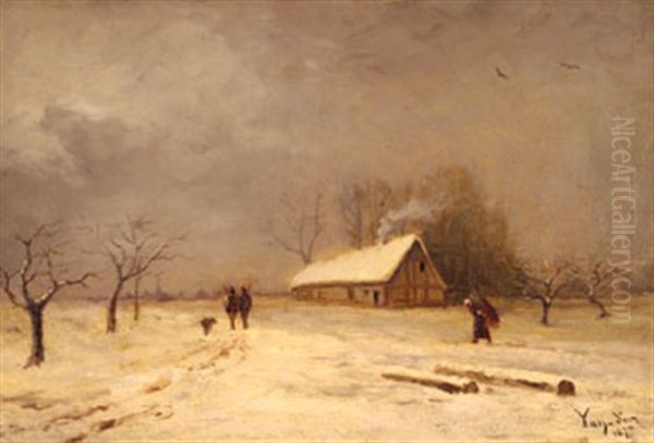 Paysage Enneige, La Chaumiere Oil Painting by Jean Edouard Yan Dargent