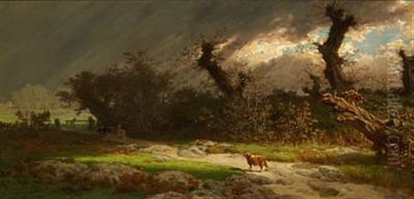 Cows On A Gravel Road In The Dusk Oil Painting by Jean Edouard Yan Dargent