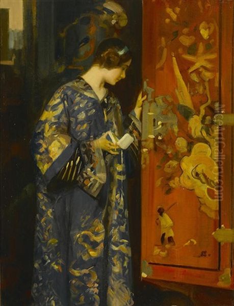 A Contemplative Portrait Of A Young Lady In An Oriental Robe Oil Painting by Henri Gaston Darien