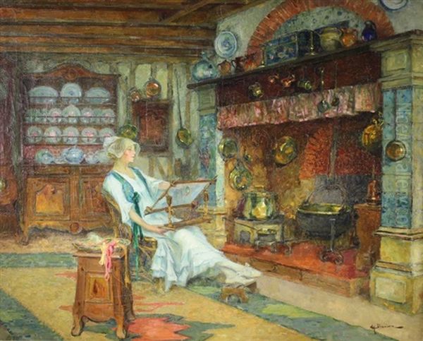 La Brodeuse Dans Un Interieur A Benouville Oil Painting by Henri Gaston Darien