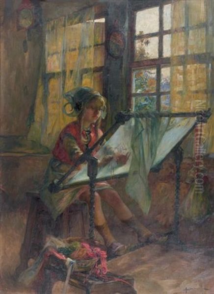 Jeune Fille Au Metier A Broder Oil Painting by Henri Gaston Darien