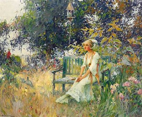 In Deep Thoughts - Summer Day With A Young Woman On A Bench In The Garden by Henri Gaston Darien