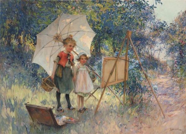 Enfants Au Jardin Contemplant Le Tableau Du Pere Oil Painting by Henri Gaston Darien