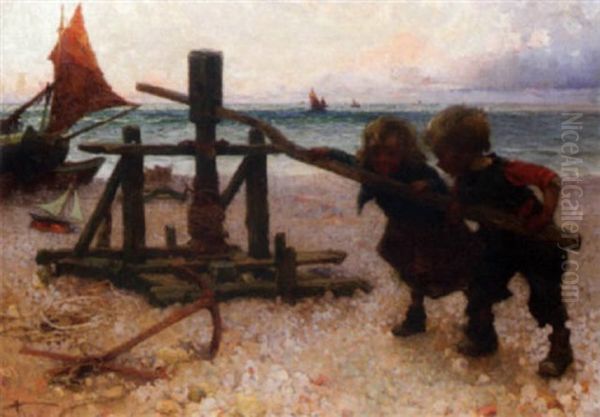 Children Playing On The Beach Oil Painting by Henri Gaston Darien