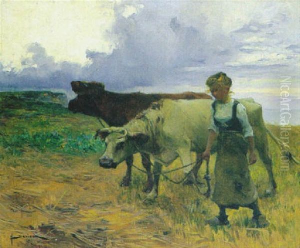 Magd Mit Zwei Kuhen Auf Dem Heimweg Oil Painting by Henri Gaston Darien