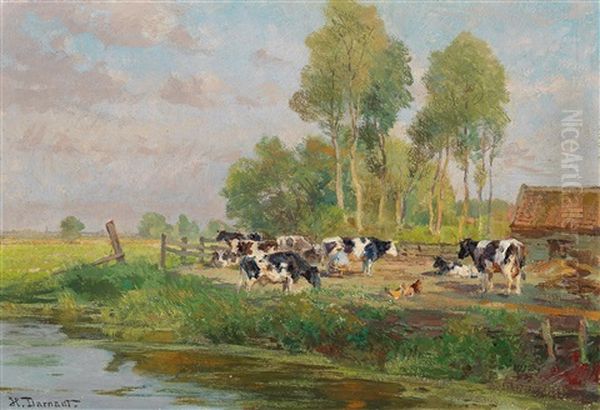 Cows In The Pasture Oil Painting by Hugo Darnaut