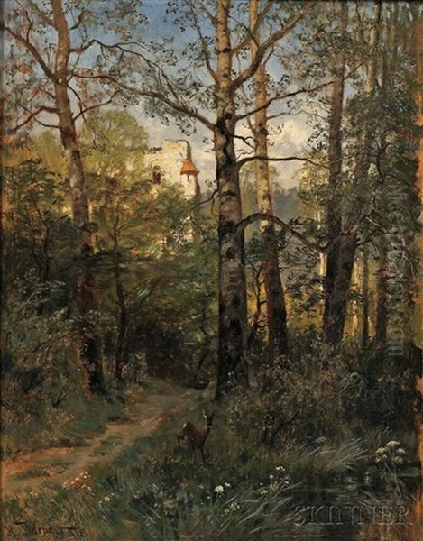 Forest Scene With Deer Oil Painting by Hugo Darnaut