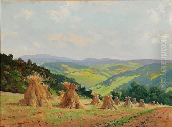 Alpine Foothills In The Waldviertl, With Hay Stacks Near Maria Taferl Oil Painting by Hugo Darnaut