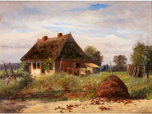 Bauernhaus Mit Strohdach, Wiese Und Aufgehangten Waschestucken Oil Painting by Hugo Darnaut