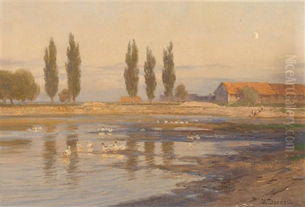 Weite Landschaft Mit Gansen Und Enten Am Flussufer Oil Painting by Hugo Darnaut