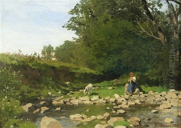 Young Shepherdess At The Creek Oil Painting by Hugo Darnaut