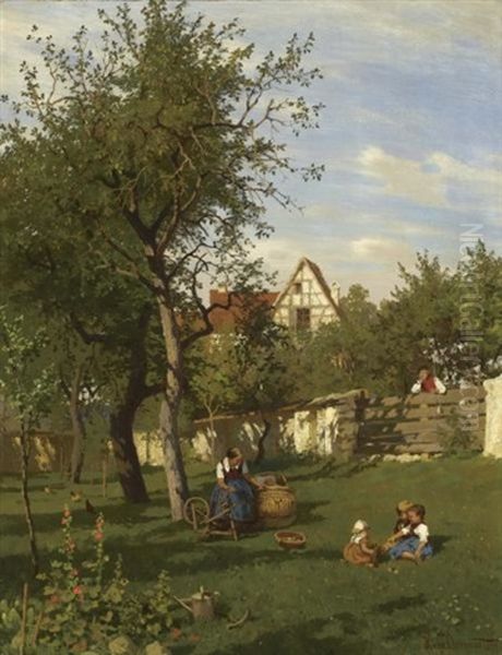 Woman At A Spinning Wheel With Children Playing In The Garden Oil Painting by Hugo Darnaut