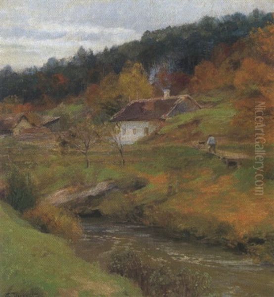 Herbstlandschaft Mit Bauernhaus Oil Painting by Hugo Darnaut