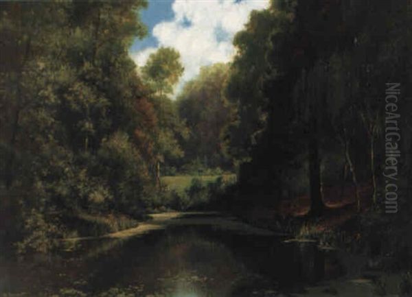 Landschaft Mit Weiher Und Rehwild Auf Einer Waldlichtung Oil Painting by Hugo Darnaut