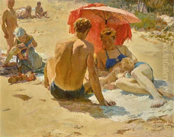 On The Beach Oil Painting by Mikhail Irodionovich Dashkevich