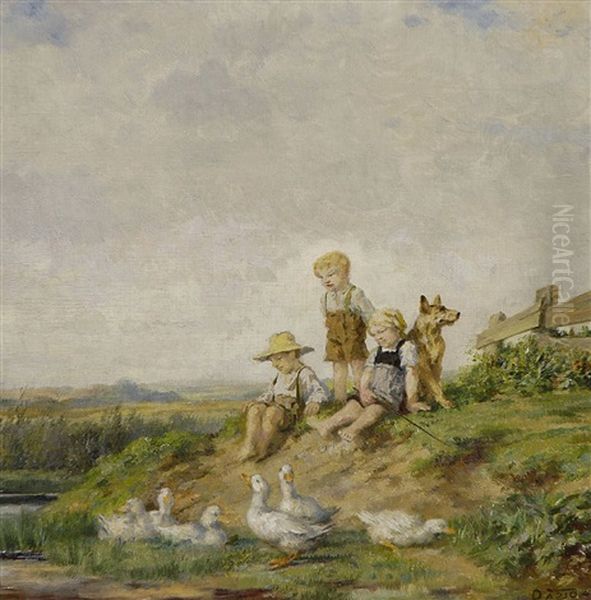 Kinder Mit Hund Und Enten Am Bachufer Oil Painting by Maximilian Dasio