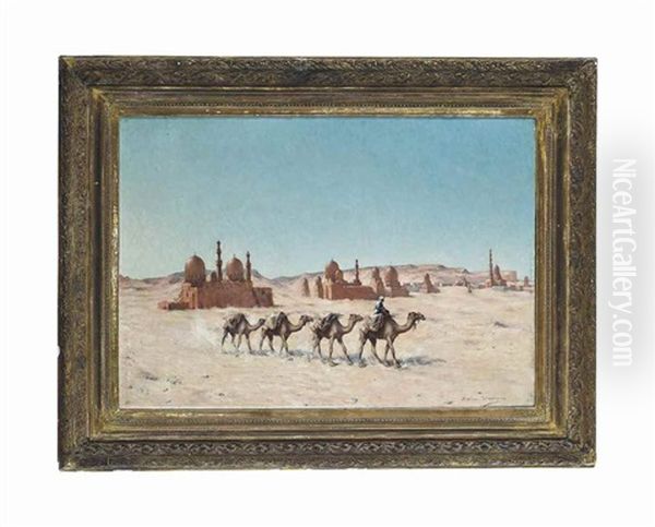 A Camel Train Before A Town In The Desert Oil Painting by Maxime Dastugue