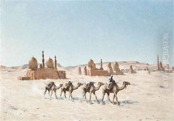 A Camel Train Before A Town In The Desert Oil Painting by Maxime Dastugue