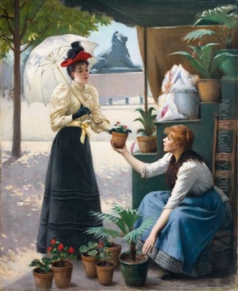 Elegante Et Marchande De Fleurs Devant Le Lion De Denfert, Paris Oil Painting by Maxime Dastugue