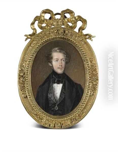 Portrait De Ferdinand, Duc D'orleans En Habit Et Gilet Noirs Avec Une Loupe Suspendue D'un Ruban Noir Autour Du Cou, Chemise Blanche Et Cravate Noire, Petite Barbe, Cheveux Au Naturel by Amelie Daubigny