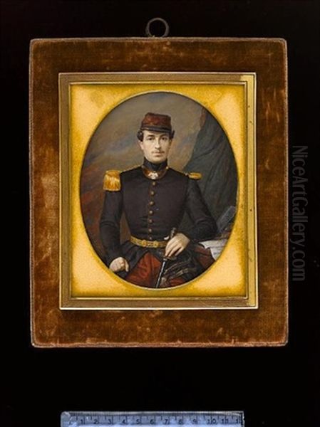 An Officer Of The Crimean War, Wearing Brown Coat With Gold Epaulette, Contre-epaulette, Gorget And Braided Belt, Crimson Trousers And Matching Cap With Black Rim Oil Painting by Amelie Daubigny