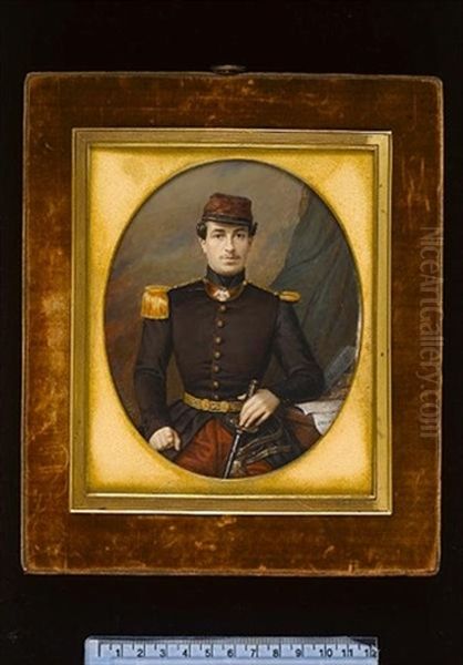 An Officer Of The Crimean War Wearing Brown Coat With Gold Epaulette, Contre-epaulette, Gorget And Braided Belt, Crimson Trousers And Matching Cap With Black Trim Oil Painting by Amelie Daubigny