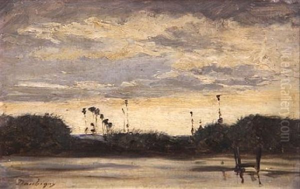 River Sunset Oil Painting by Charles Daubigny