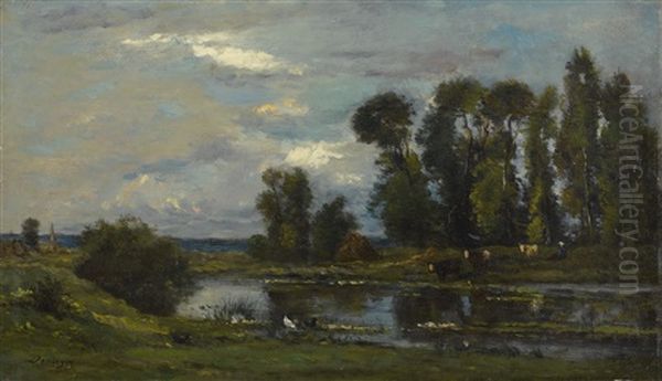 Paysan Au Bord De L'etang Oil Painting by Charles Francois Daubigny