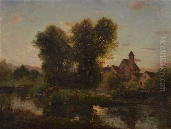 River Landscape With Figure Oil Painting by Charles Francois Daubigny